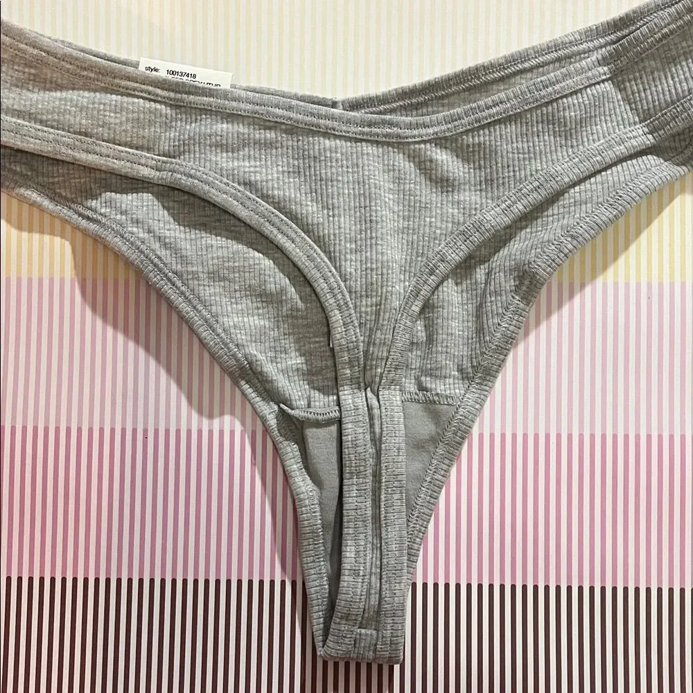 Jenni Gray Ribbed Thong Panty Sz XL